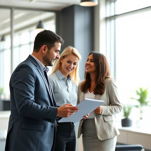 Un equipo de consultores colaborando en una reuni&oacute;n en una oficina moderna.
