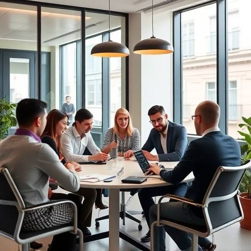 Un equipo diverso de profesionales trabajando juntos en una oficina moderna en Madrid.