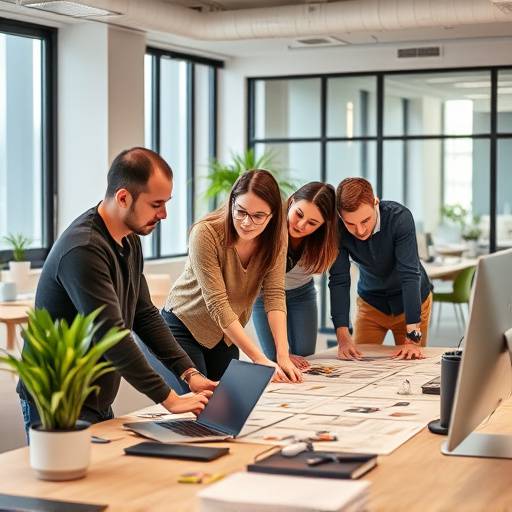 Un equipo trabajando en un proyecto colaborativo en una oficina moderna.