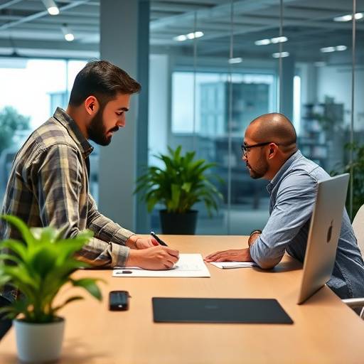 Un mentor guiando a un emprendedor en el desarrollo de su negocio.