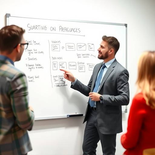 Una consultora explicando una estrategia empresarial en una pizarra durante una sesi&oacute;n de coaching.